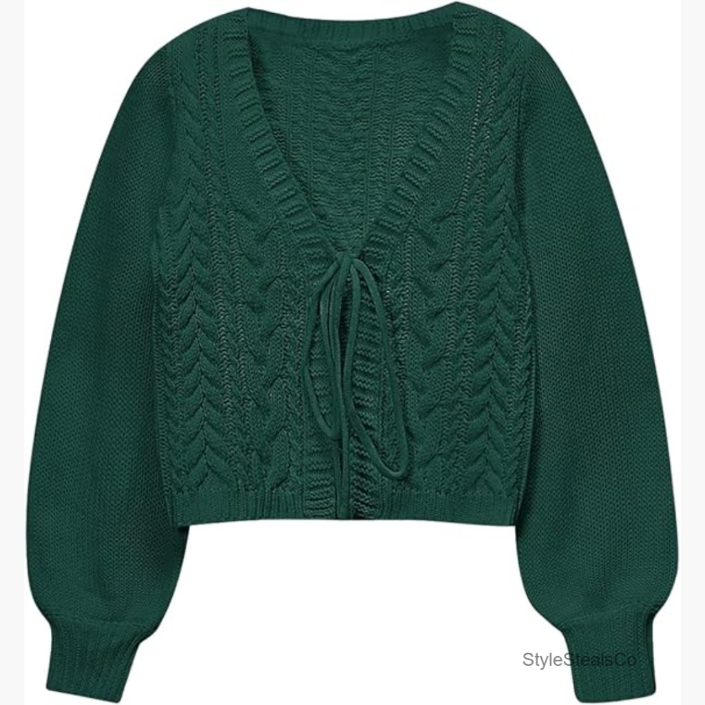 Cropped Tie Front Cardigan Sweater Lightweight Long Sleeve V-Neck Pull On